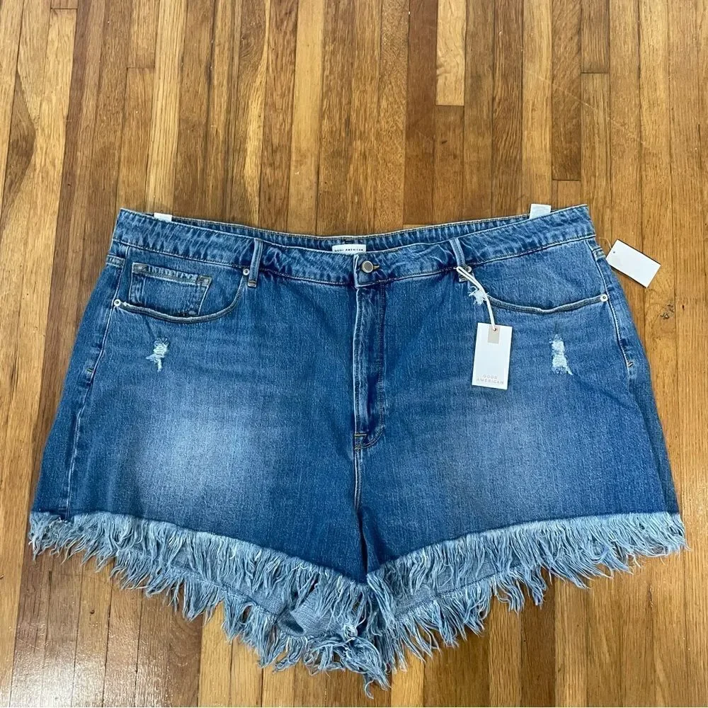 Revolve Good American Bombshell Chewed Denim Fringe Jean Shorts
